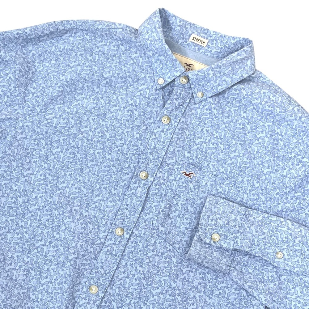 Hollister Mens Shirt M Blue Pineapple Print Stretch Long Sleeve Preppy Modern